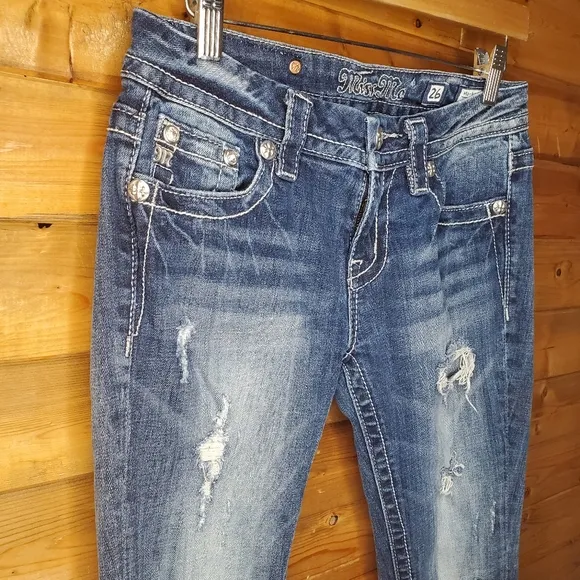❤️ Miss Me Jeans skinny medium-dark distressed rhinestone sequins washed…
