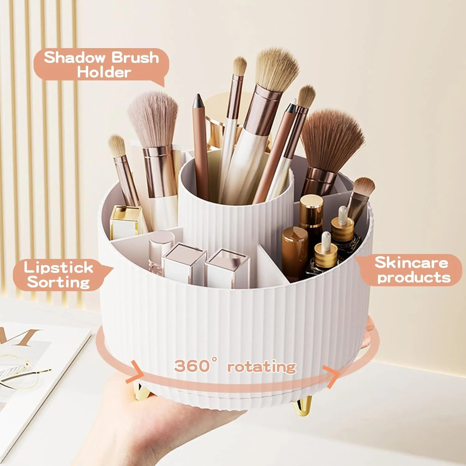 360° Rotate Makeup Brush Holder Organizer, Makeup Organizers Countertop, Makeup Organization and Skincare Storage for Vanity, Desktop, Bathroom (White)