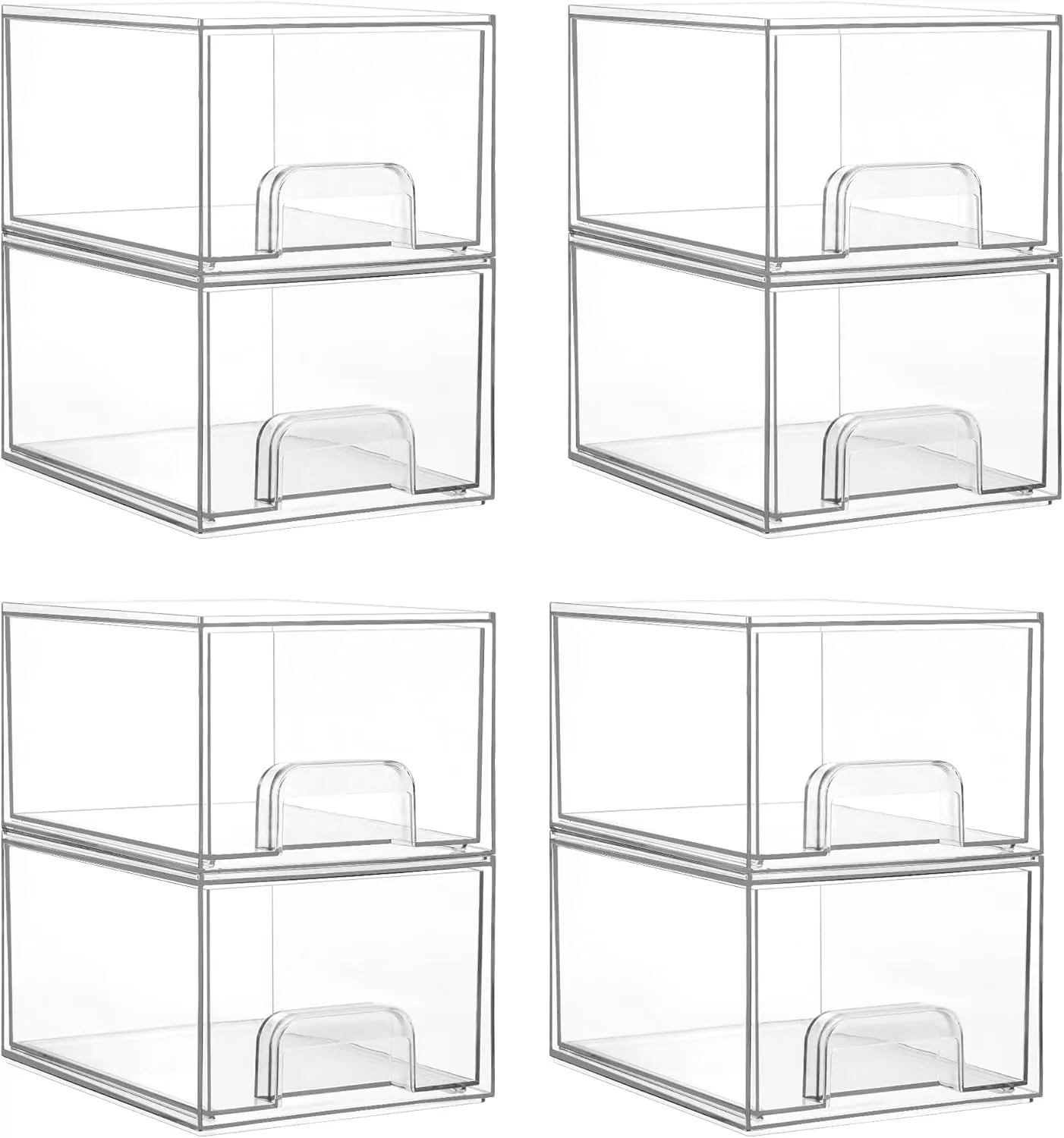 4 Pack Clear Stackable Storage Drawers, 4.4'' Tall Acrylic Bathroom Makeup Organizer,Plastic Storage Bins for Vanity, Undersink, Kitchen Cabinets, Pantry, Home Organization