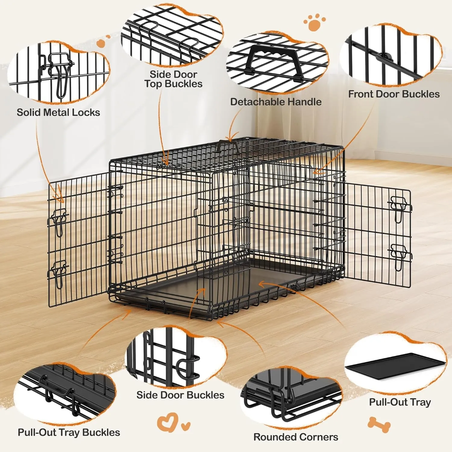 42 Inch Dog Crate Double Door Dog Crate W/Divider for Puppy to Adult XL Collapsible Metal Dog Crate with Removable Tray Wire Dog Kennel Pet Crate for Large Dogs Portable Travel Cage, Black