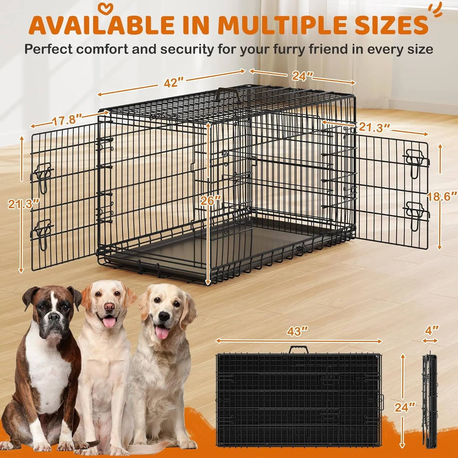 42 Inch Dog Crate Double Door Dog Crate W/Divider for Puppy to Adult XL Collapsible Metal Dog Crate with Removable Tray Wire Dog Kennel Pet Crate for Large Dogs Portable Travel Cage, Black
