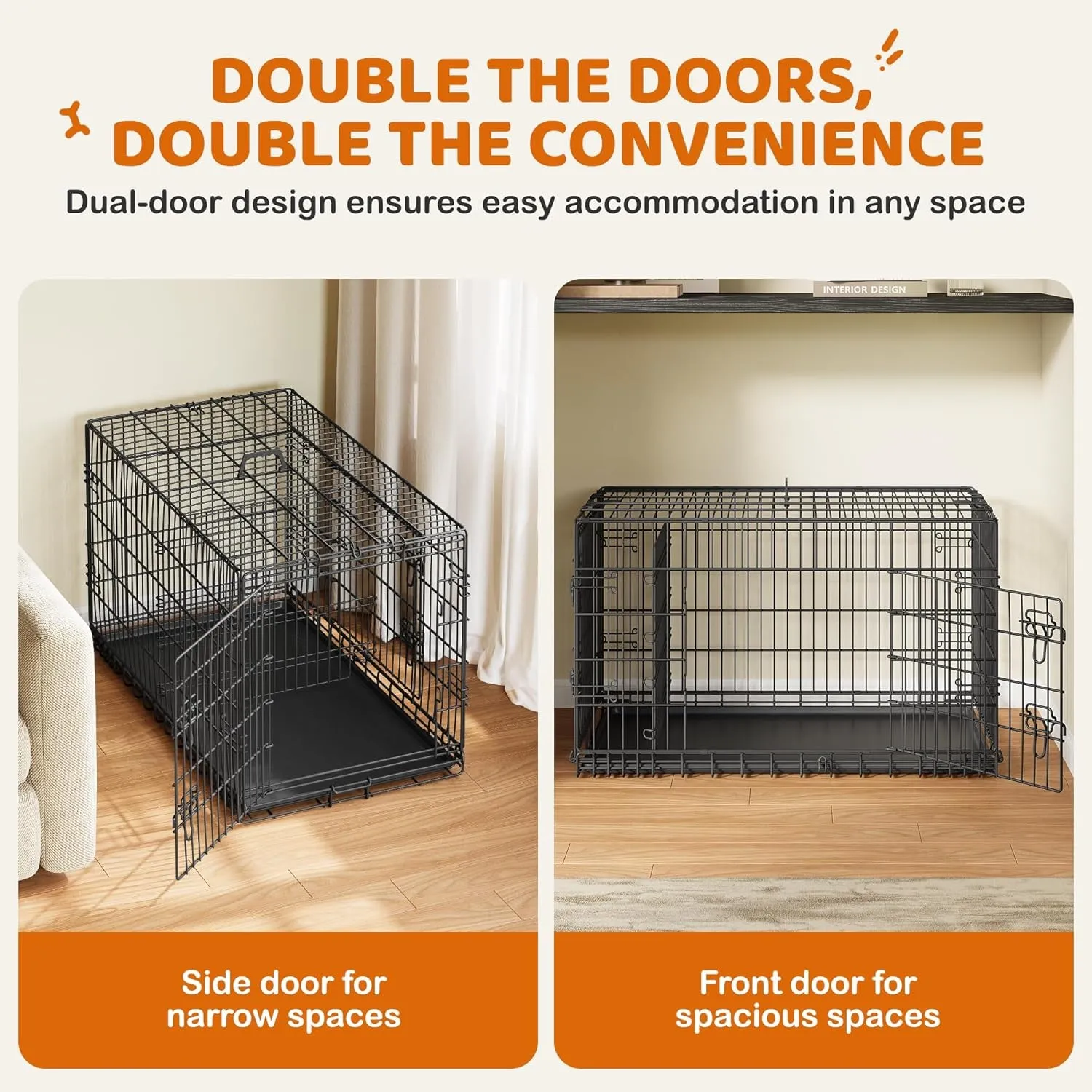 42 Inch Dog Crate Double Door Dog Crate W/Divider for Puppy to Adult XL Collapsible Metal Dog Crate with Removable Tray Wire Dog Kennel Pet Crate for Large Dogs Portable Travel Cage, Black
