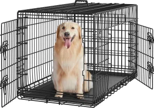 42 Inch Dog Crate Double Door Dog Crate W/Divider for Puppy to Adult XL Collapsible Metal Dog Crate with Removable Tray Wire Dog Kennel Pet Crate for Large Dogs Portable Travel Cage, Black