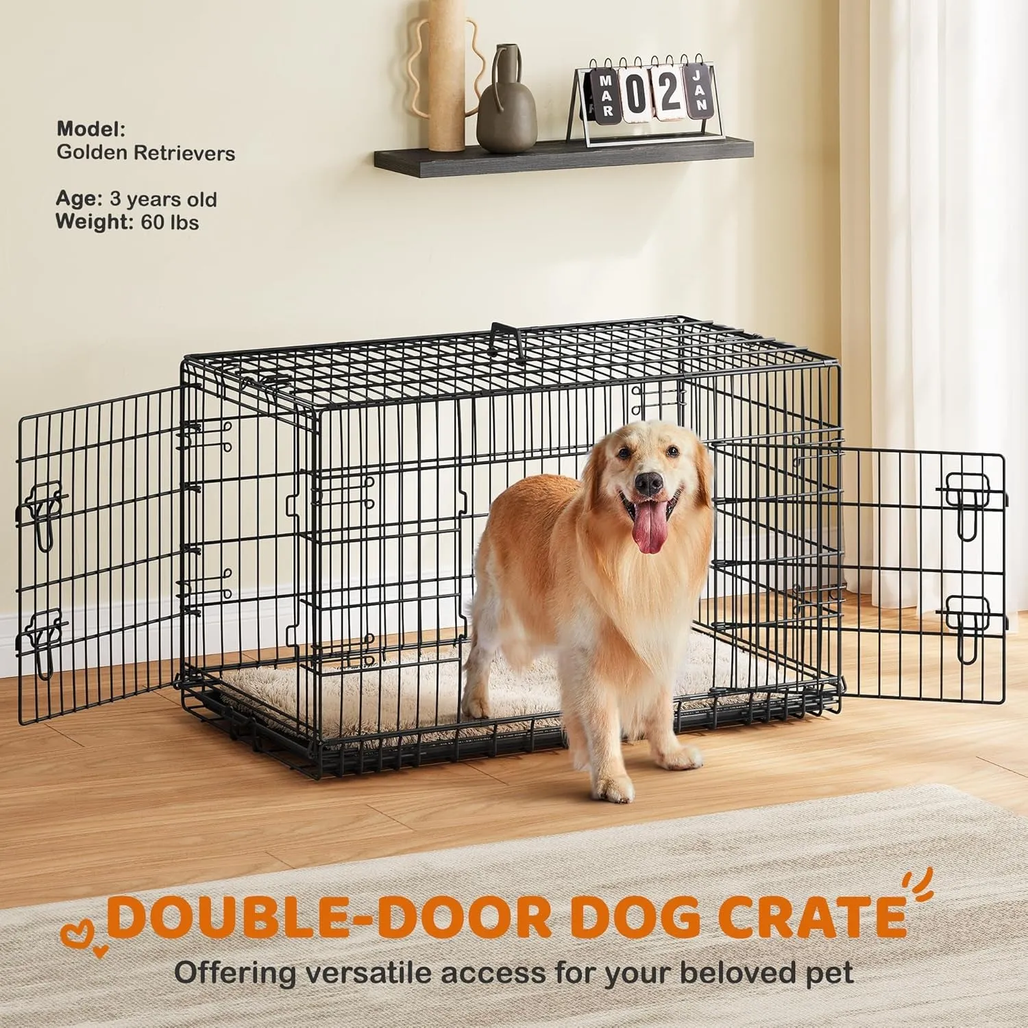 42 Inch Dog Crate Double Door Dog Crate W/Divider for Puppy to Adult XL Collapsible Metal Dog Crate with Removable Tray Wire Dog Kennel Pet Crate for Large Dogs Portable Travel Cage, Black