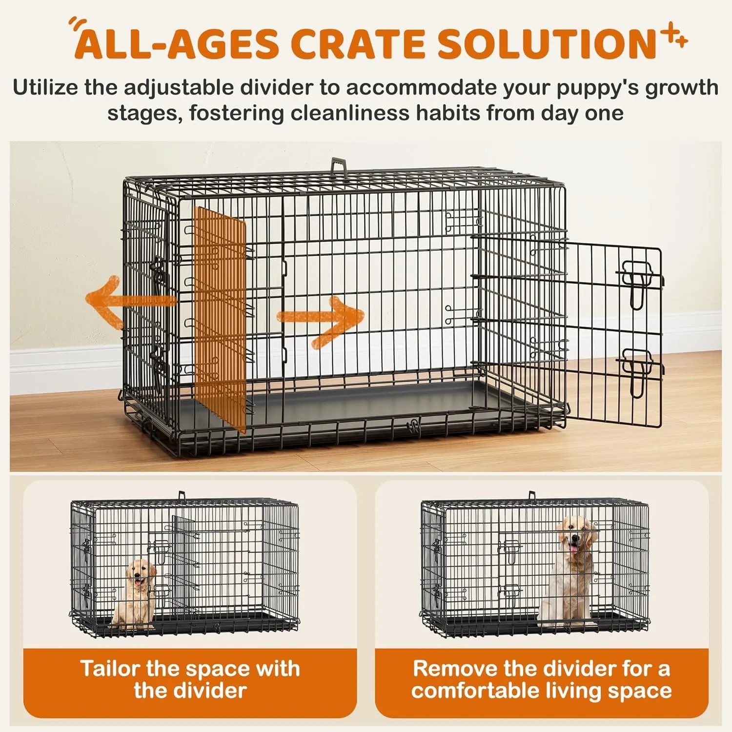 42 Inch Dog Crate Double Door Dog Crate W/Divider for Puppy to Adult XL Collapsible Metal Dog Crate with Removable Tray Wire Dog Kennel Pet Crate for Large Dogs Portable Travel Cage, Black