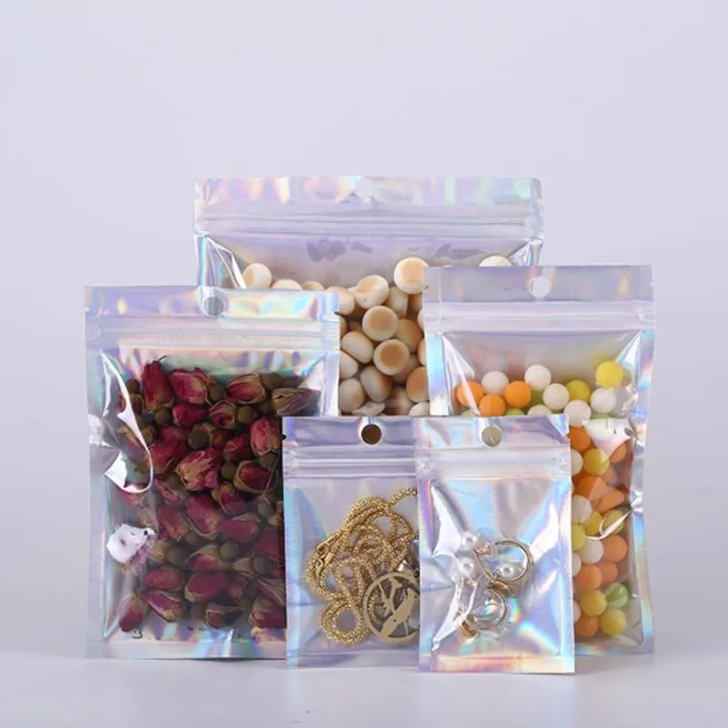 50Pcs Iridescent Zip Lock Bags Cosmetic Plastic Laser Iridescent Bags Makeup Bags Laser Mini Aluminum Foil Zip Lock Bags