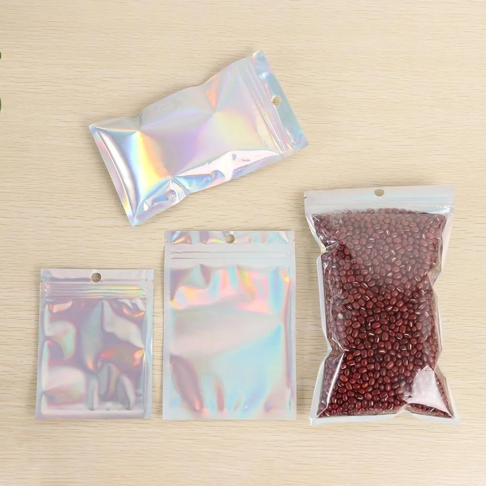50Pcs Iridescent Zip Lock Bags Cosmetic Plastic Laser Iridescent Bags Makeup Bags Laser Mini Aluminum Foil Zip Lock Bags