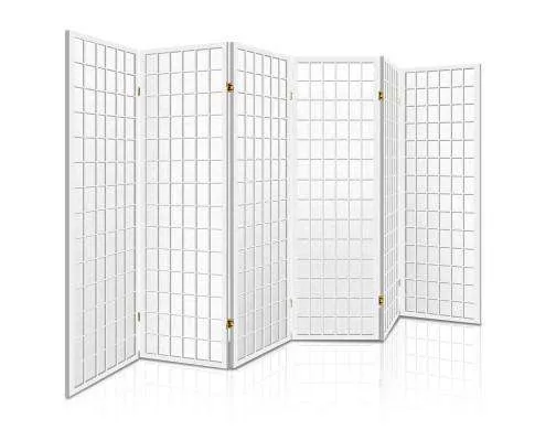 6 Panel Room Divider Privacy Screen Foldable Pine Wood Stand - White