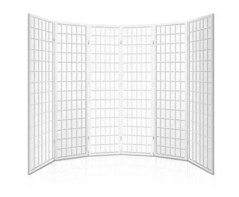 6 Panel Room Divider Privacy Screen Foldable Pine Wood Stand - White