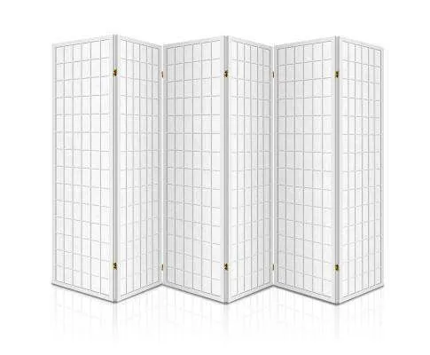 6 Panel Room Divider Privacy Screen Foldable Pine Wood Stand - White
