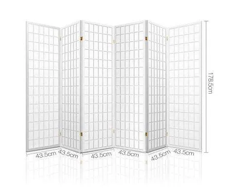 6 Panel Room Divider Privacy Screen Foldable Pine Wood Stand - White