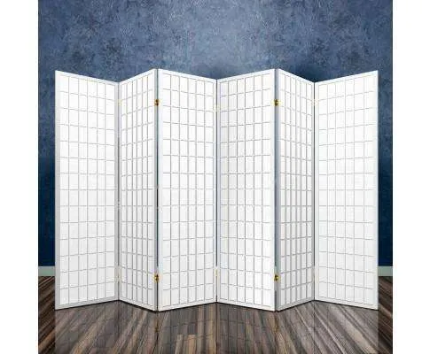 6 Panel Room Divider Privacy Screen Foldable Pine Wood Stand - White