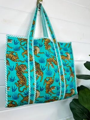 Aqua Tiger Cotton Quilted Tote Bag