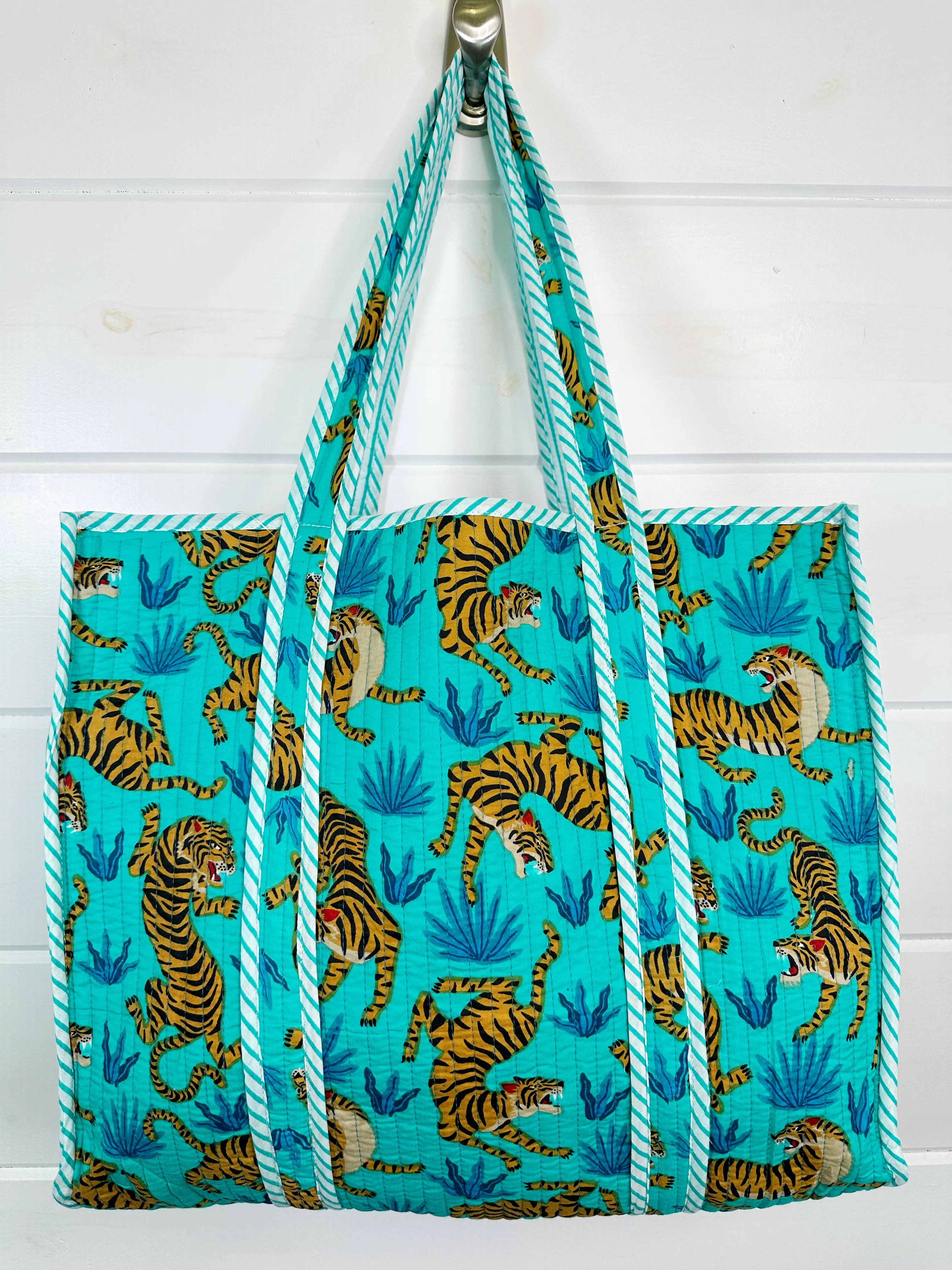 Aqua Tiger Cotton Quilted Tote Bag