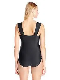 ATHENA Womens Black Finesse Shirred Front One Piece Swimsuit Size 10