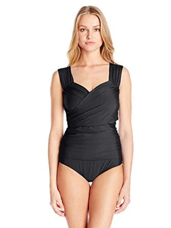 ATHENA Womens Black Finesse Shirred Front One Piece Swimsuit Size 10