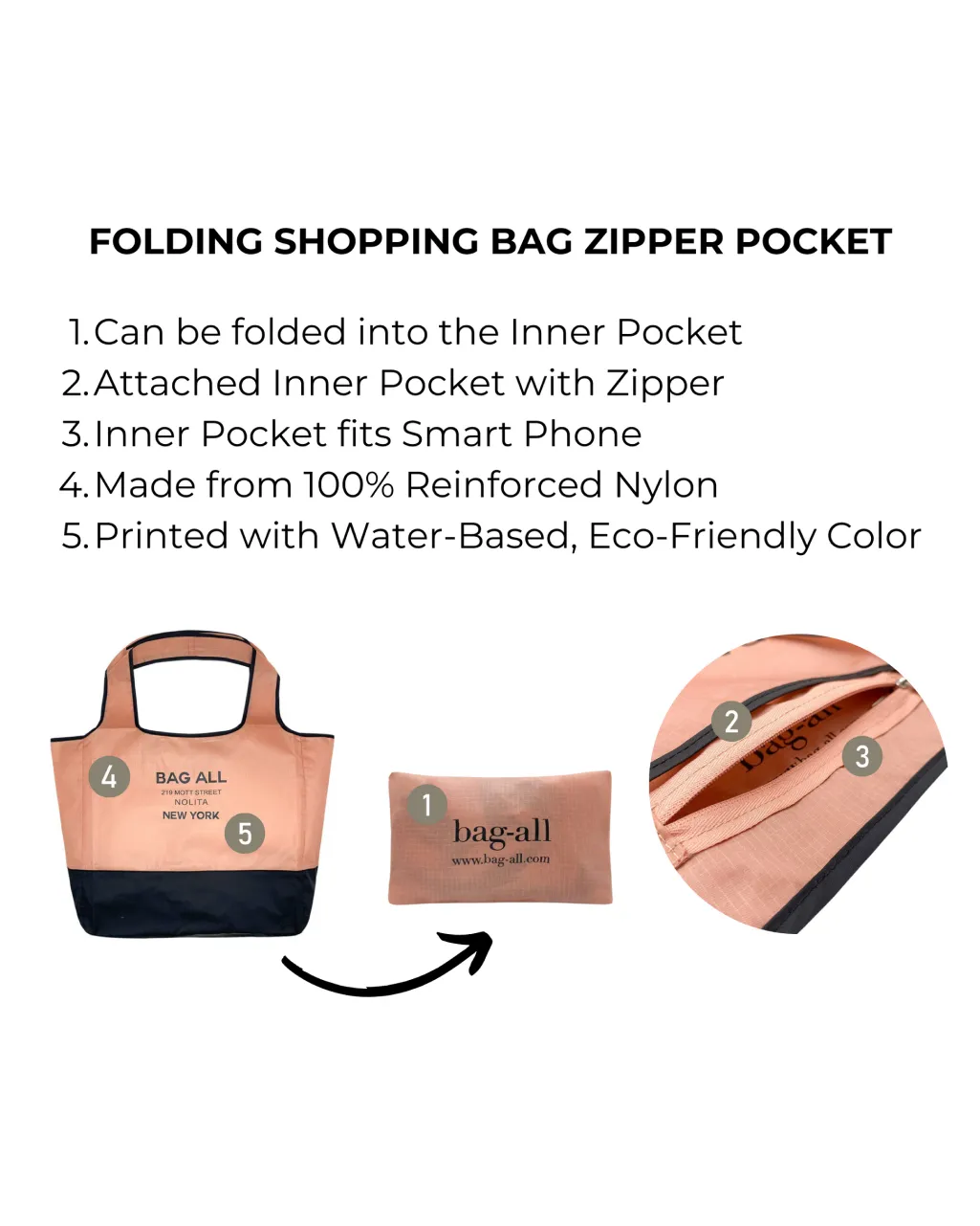 bag-all Folding Shopping Bag, Zipper Pocket Pouch
