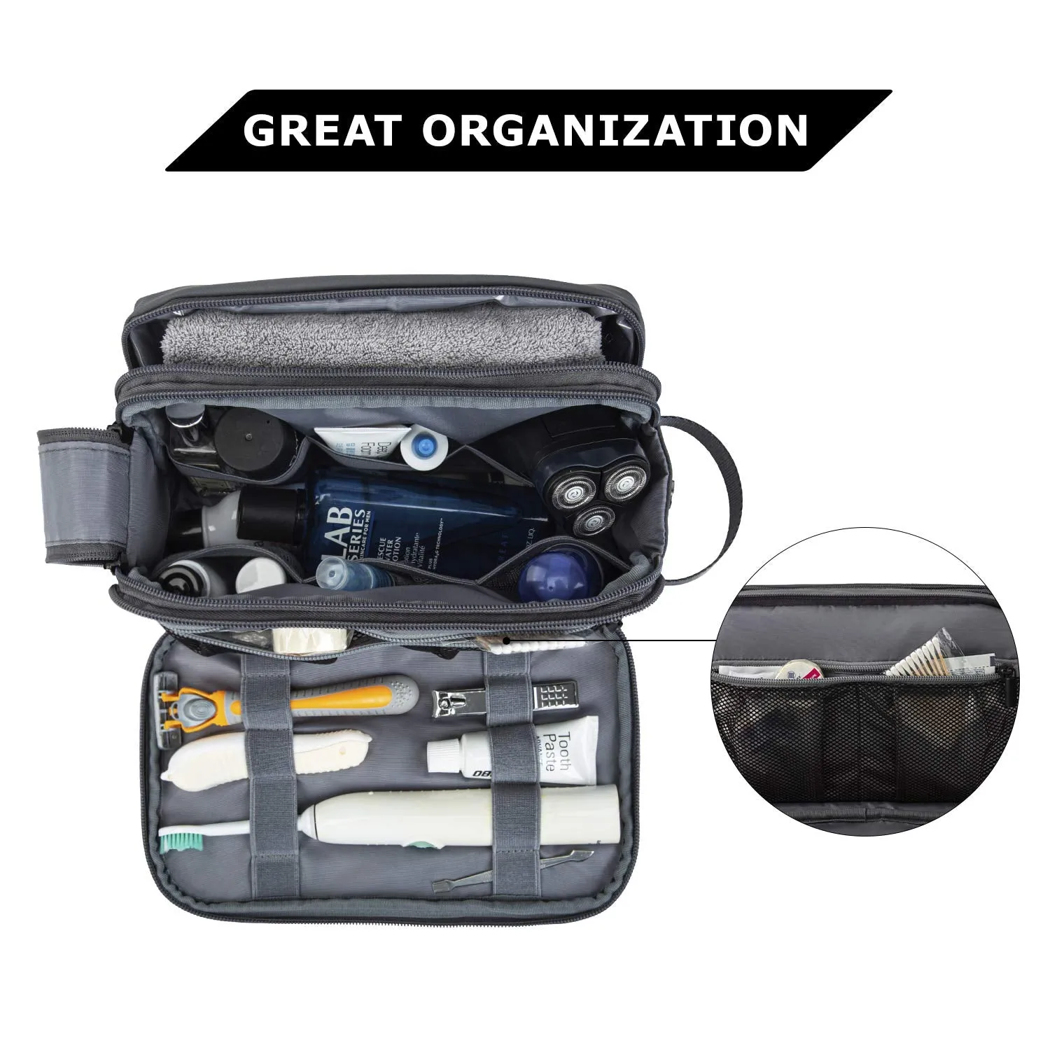 BAGSMART Toiletry Bag for Men, Travel Toiletry Organizer Dopp Kit Water-resistant Shaving Bag for Toiletries Accessories, Door Room Essentials,Grey-medium