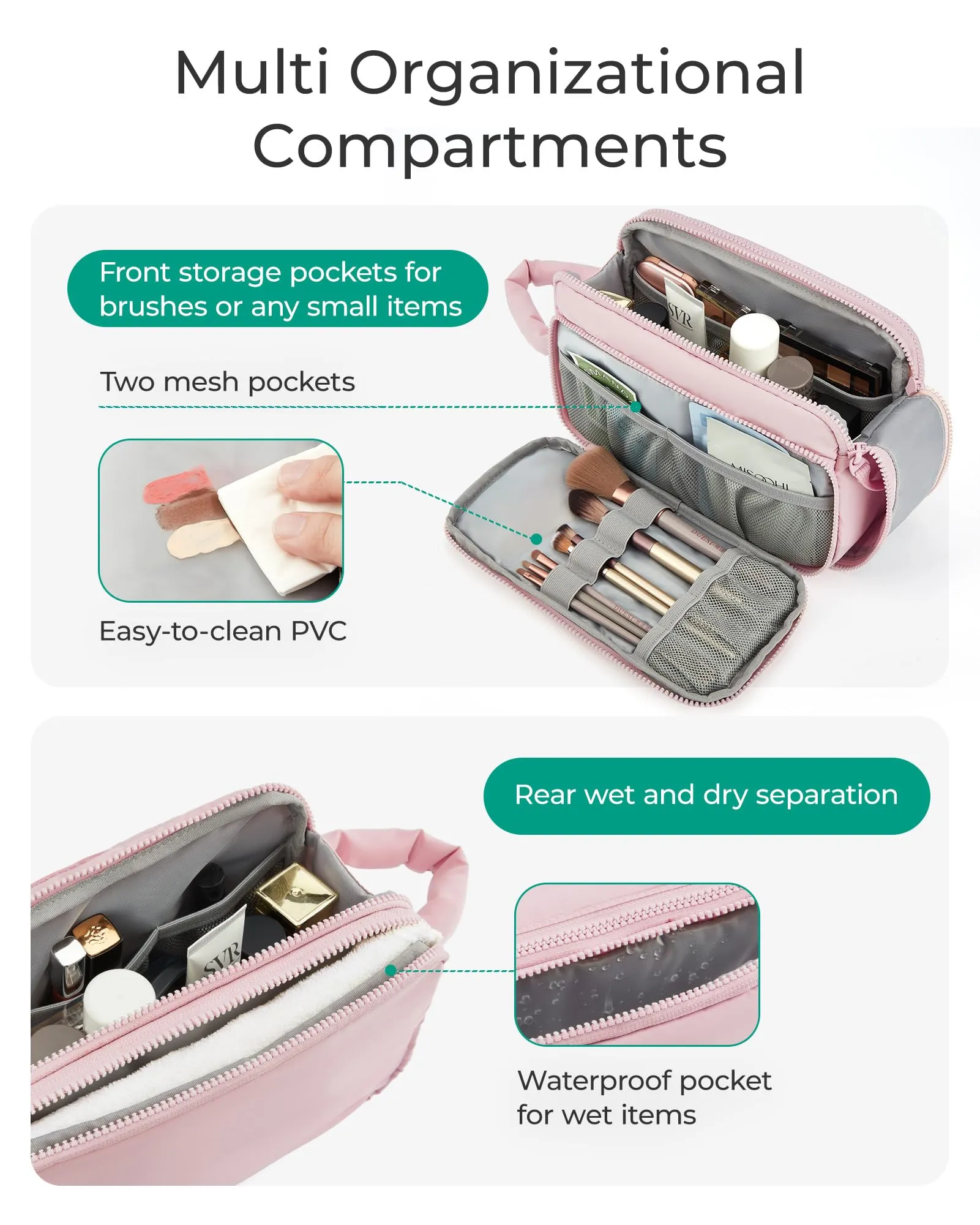 BAGSMART Travel Makeup Bag Organizer, Puffy Make Up Bag, Cosmetic Organizer Case for Travel Essentials Toiletries Accessories Bottles, Brushes (Pink)