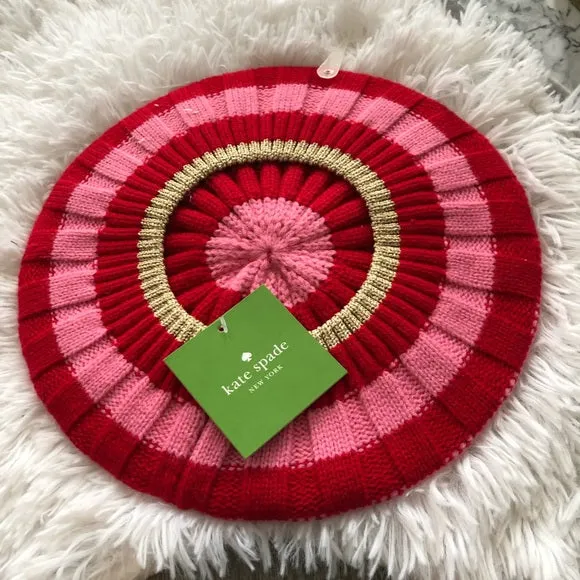 Brand new KATE SPADE Bold Stripe Beret - Red In Charm Red/fleur De Lis/gold, one size! Retails $48US 