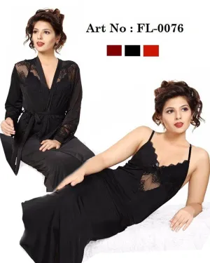 Bridal Net Nighty - FL-0076 - Black Flourish 2 Piece Nightwear