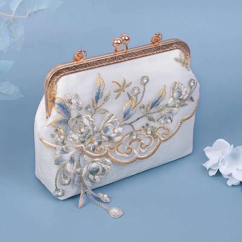 Buddha Stones Jasmine Flowers Embroidery Pearl Chain Crossbody Bag Handbags
