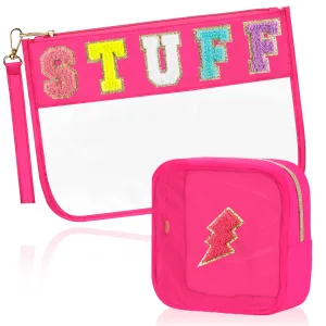 BuyCard 2 Pcs Stuff Bag Cosmetic Makeup Bag with Chenille Letter Patch, Clear Pouch PVC Organizer Purse, Waterproof Travel Bag, Portable Toiletry Storage Bag for Her Girls Friends Women