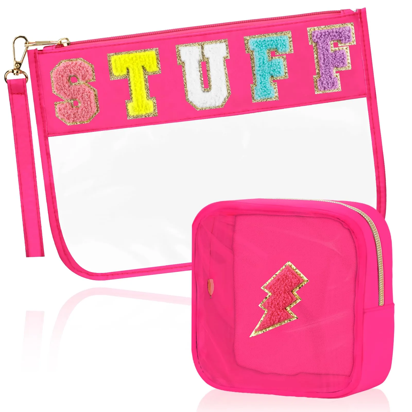 BuyCard 2 Pcs Stuff Bag Cosmetic Makeup Bag with Chenille Letter Patch, Clear Pouch PVC Organizer Purse, Waterproof Travel Bag, Portable Toiletry Storage Bag for Her Girls Friends Women