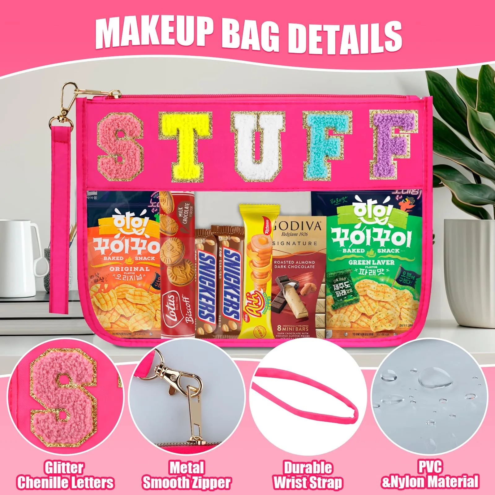 BuyCard 2 Pcs Stuff Bag Cosmetic Makeup Bag with Chenille Letter Patch, Clear Pouch PVC Organizer Purse, Waterproof Travel Bag, Portable Toiletry Storage Bag for Her Girls Friends Women