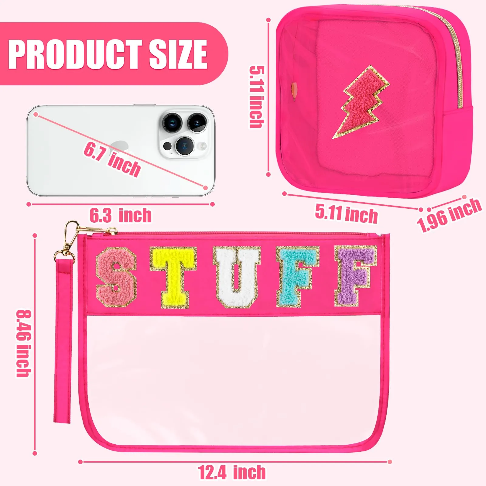 BuyCard 2 Pcs Stuff Bag Cosmetic Makeup Bag with Chenille Letter Patch, Clear Pouch PVC Organizer Purse, Waterproof Travel Bag, Portable Toiletry Storage Bag for Her Girls Friends Women