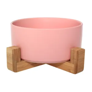 Ceramic Bowl with Bamboo Stand for Dogs - Pink