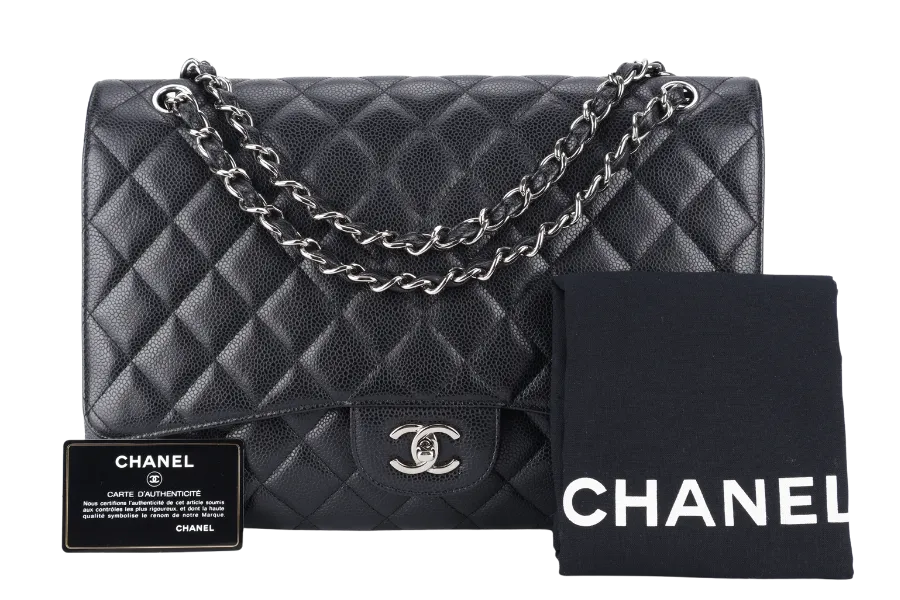 CHANEL SINGLE FLAP MAXI BLACK CAVIAR LEATHER SILVER HARDWARE 1328xxxx WITH CARD AND DUST COVER