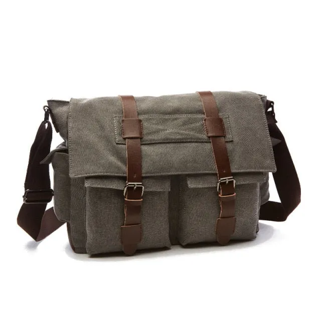 Classic Leather-Trimmed Canvas Messenger Bag Laptop Bag Shoulder Bag