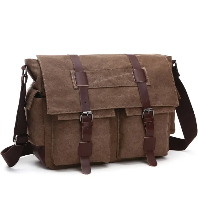 Classic Leather-Trimmed Canvas Messenger Bag Laptop Bag Shoulder Bag