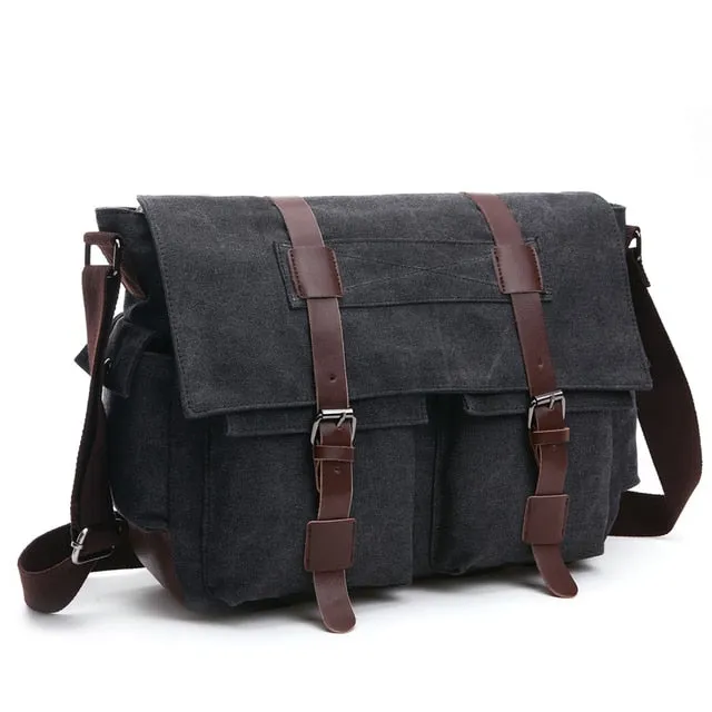 Classic Leather-Trimmed Canvas Messenger Bag Laptop Bag Shoulder Bag