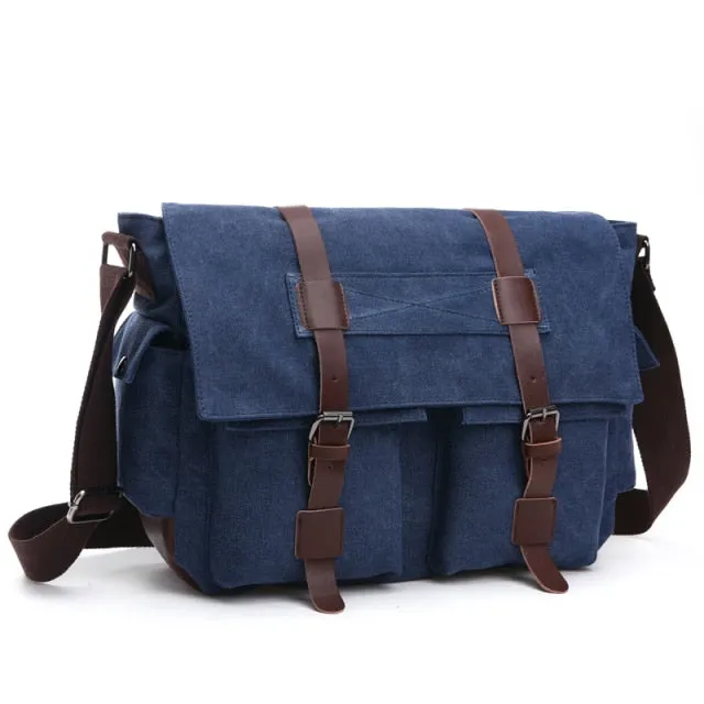 Classic Leather-Trimmed Canvas Messenger Bag Laptop Bag Shoulder Bag
