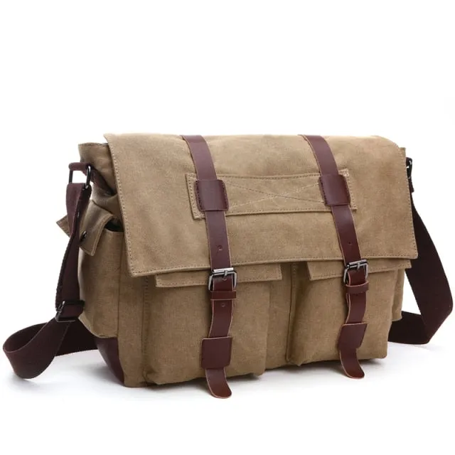 Classic Leather-Trimmed Canvas Messenger Bag Laptop Bag Shoulder Bag