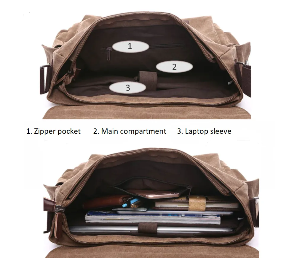 Classic Leather-Trimmed Canvas Messenger Bag Laptop Bag Shoulder Bag