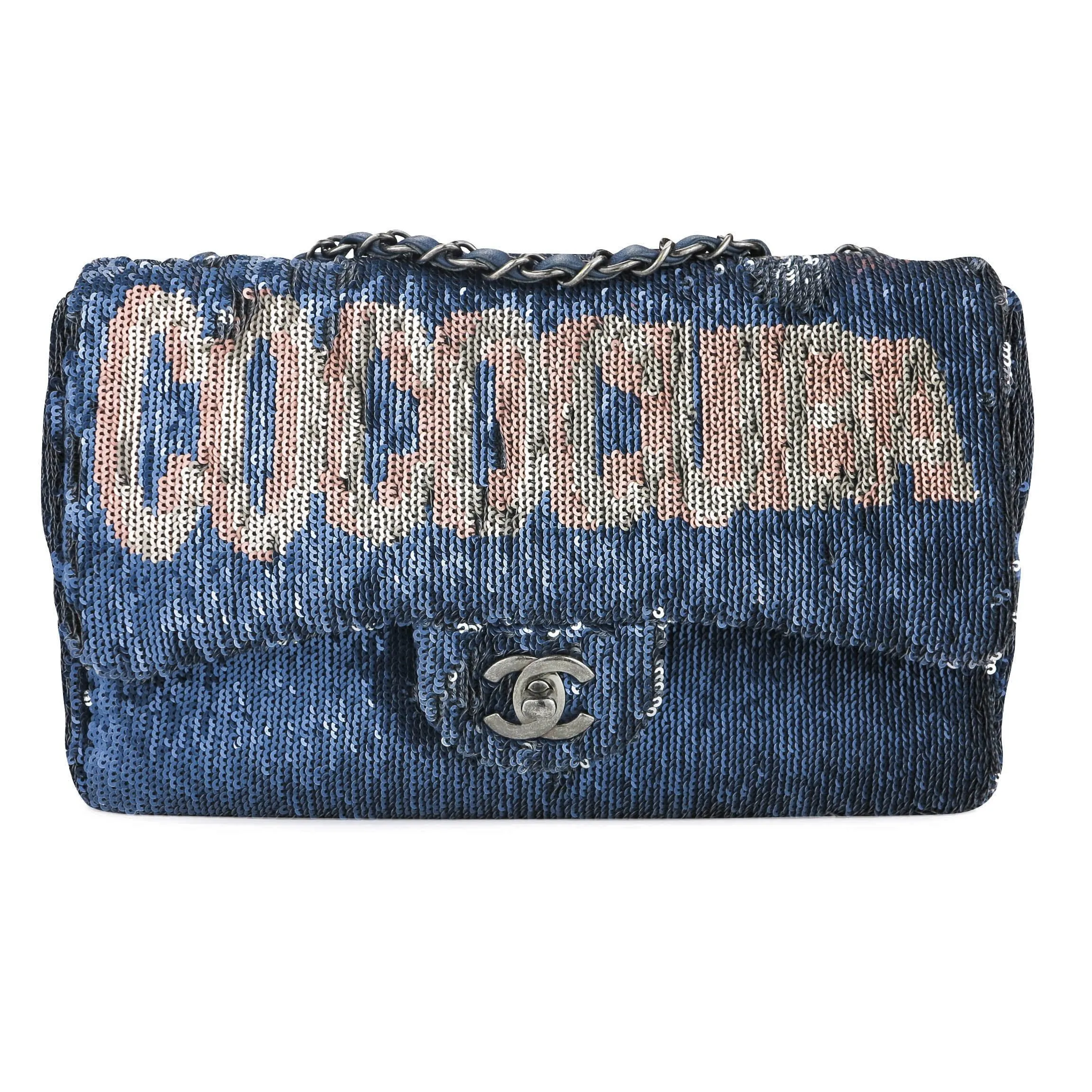 Coco Cuba Sequin Medium Single Flap Bag Blue Silver