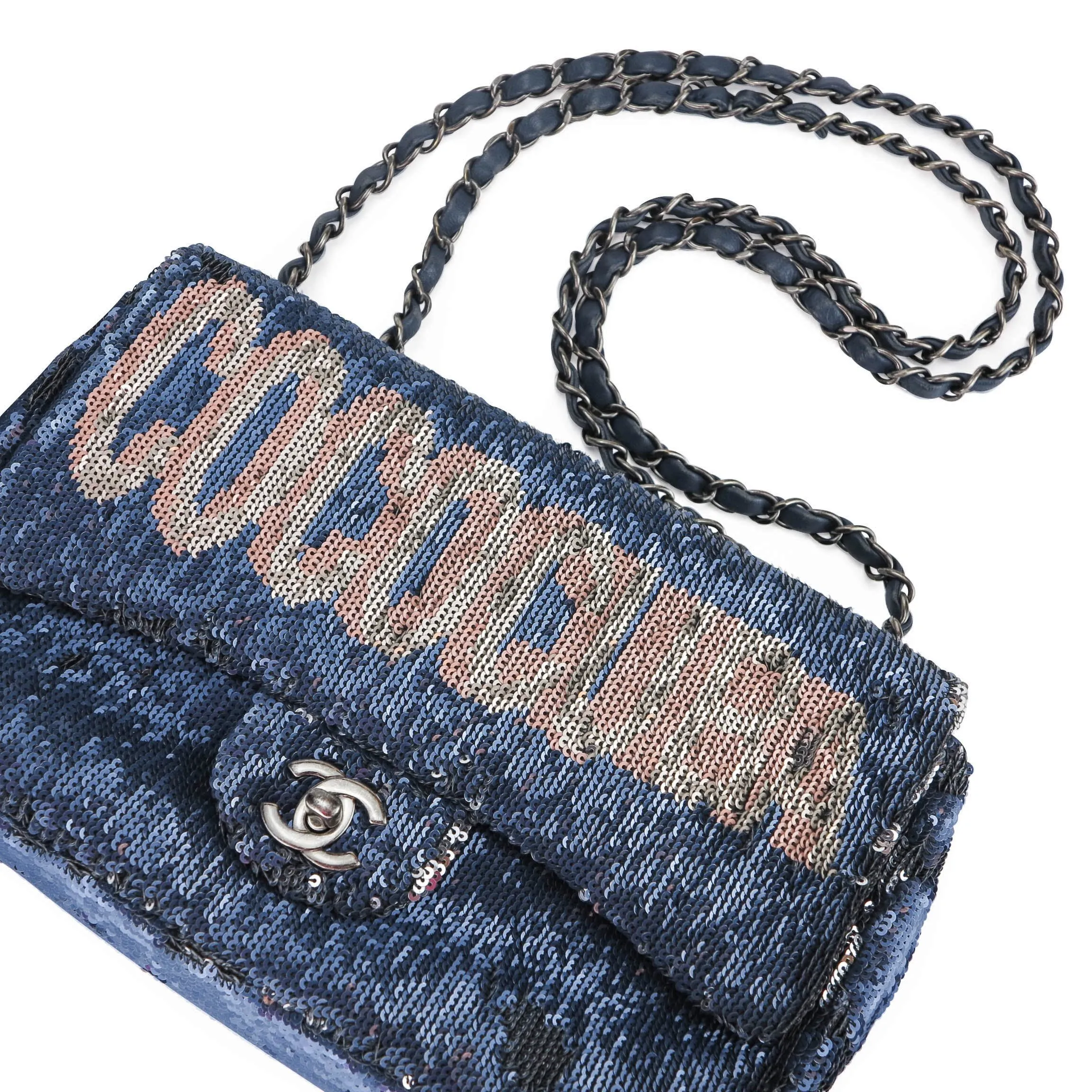 Coco Cuba Sequin Medium Single Flap Bag Blue Silver