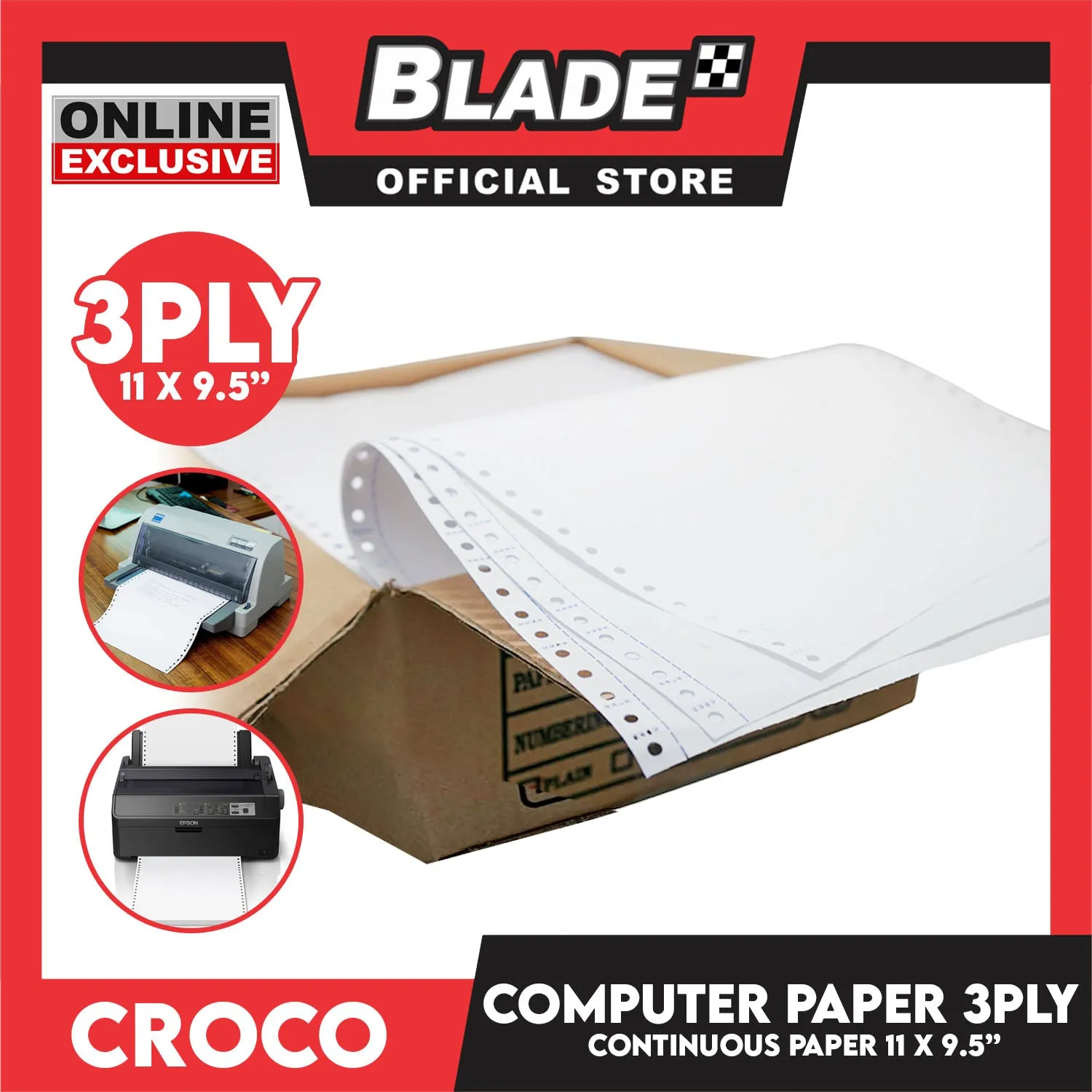 Croco Computer Forms Standard 11x9 1/2'' 1Box (3Ply) Continuous Computer Paper Carbonless 500 Sheets