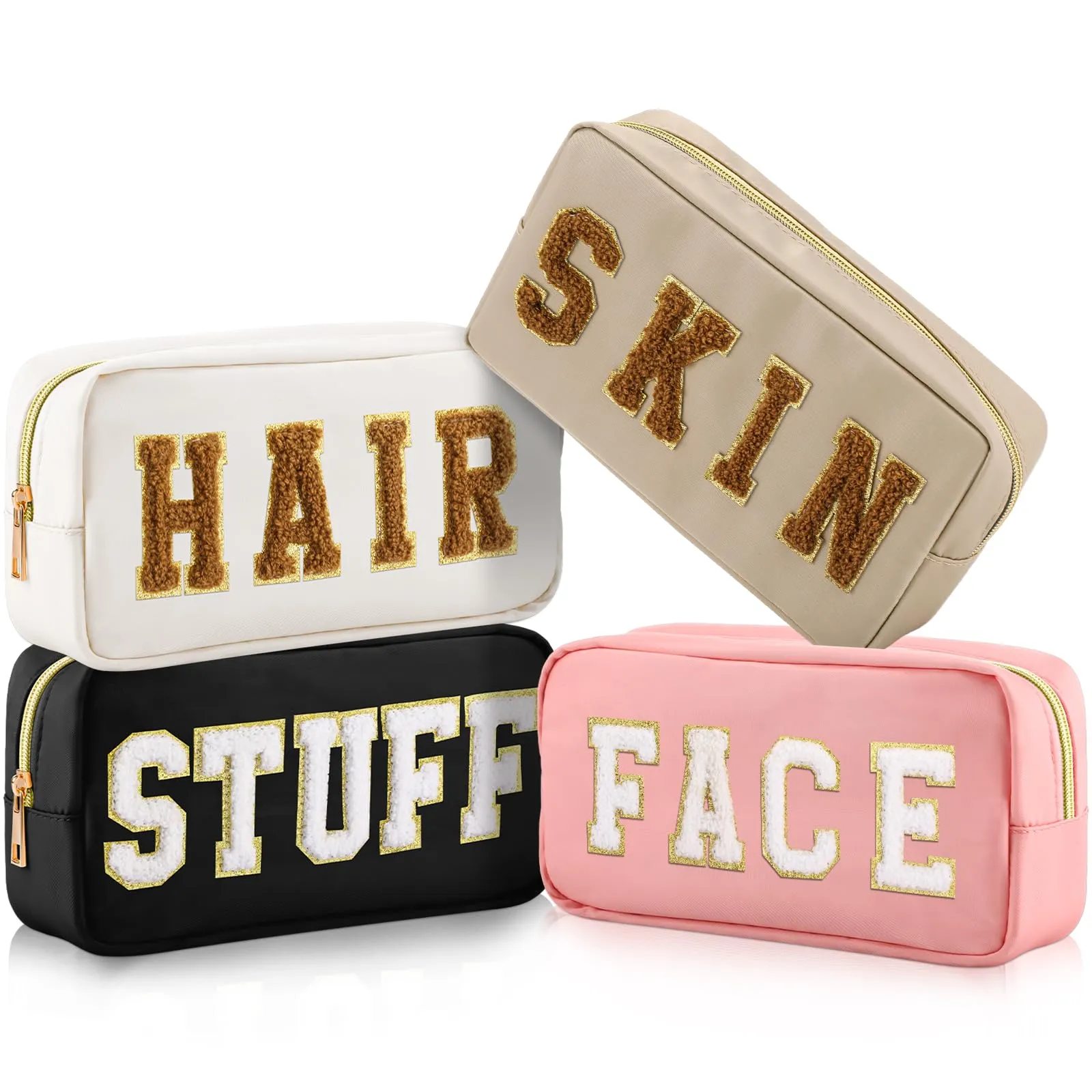 Cunno 4 Pcs Preppy Makeup Bags Chenille Letter Stuff Bag Nylon Cosmetic Pouch Cases with Zipper for Women Travel Toiletry(Cute Color,Vivid)