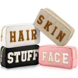 Cunno 4 Pcs Preppy Makeup Bags Chenille Letter Stuff Bag Nylon Cosmetic Pouch Cases with Zipper for Women Travel Toiletry(Cute Color,Vivid)