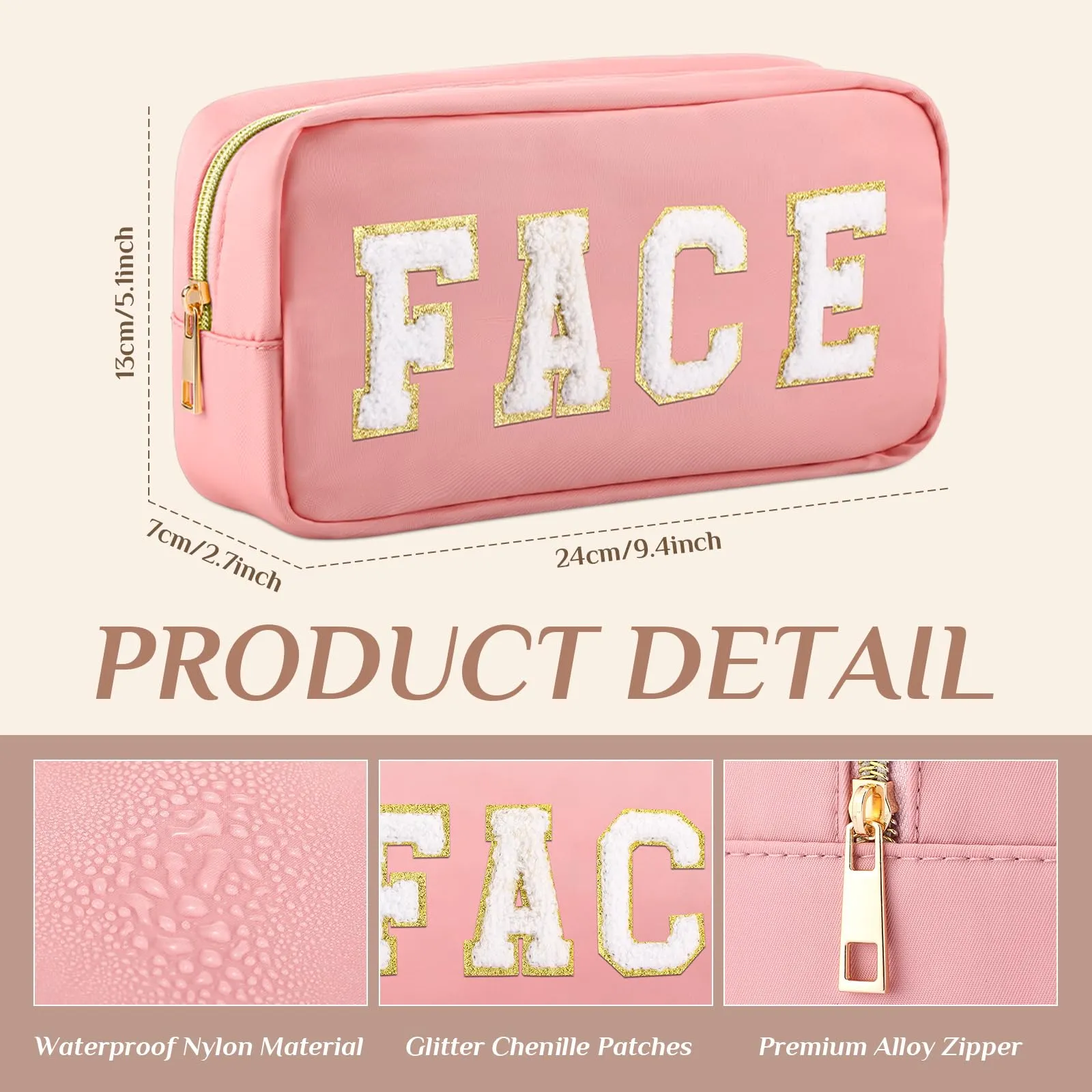 Cunno 4 Pcs Preppy Makeup Bags Chenille Letter Stuff Bag Nylon Cosmetic Pouch Cases with Zipper for Women Travel Toiletry(Cute Color,Vivid)