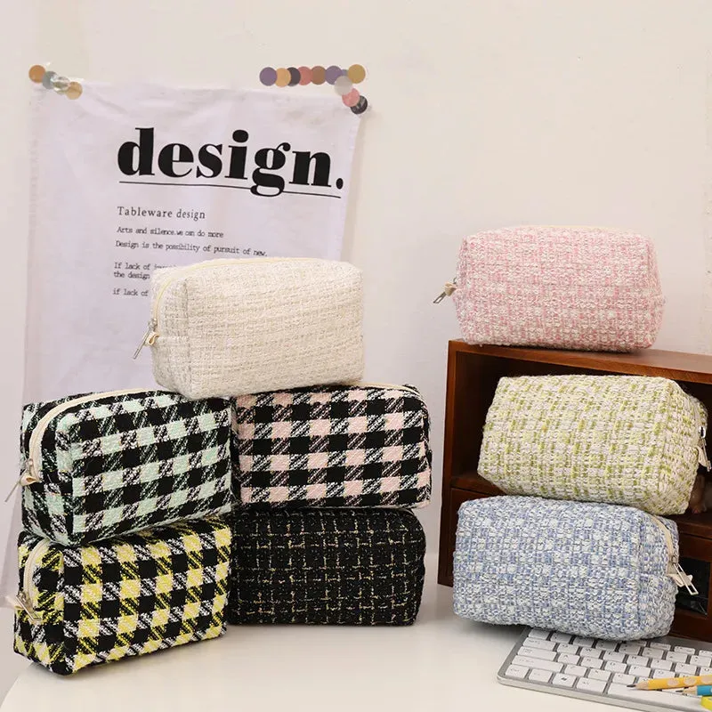 Cute Customizable Velvet Makeup Bag 🎀 | Kawaii Plaid Travel Pouch ✨ | Perfect Birthday Gift 🎁