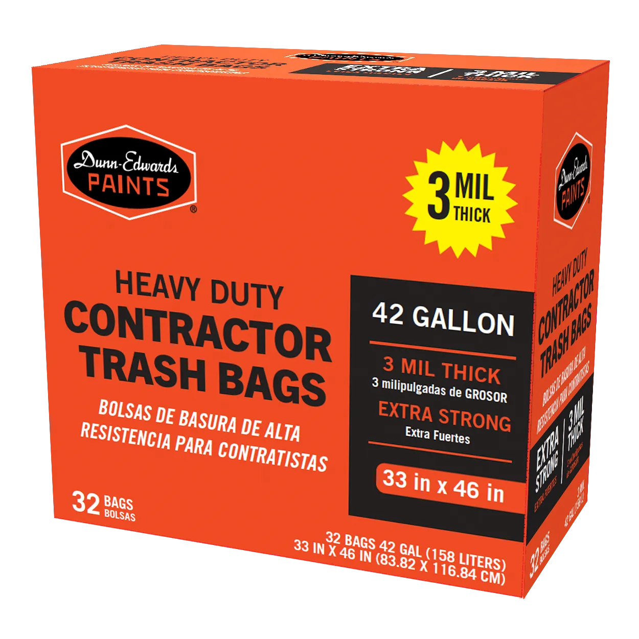Dunn-Edwards Heavy Duty Contractor Trash Bags, 42 gallon, 3 mil, Black, 32ct