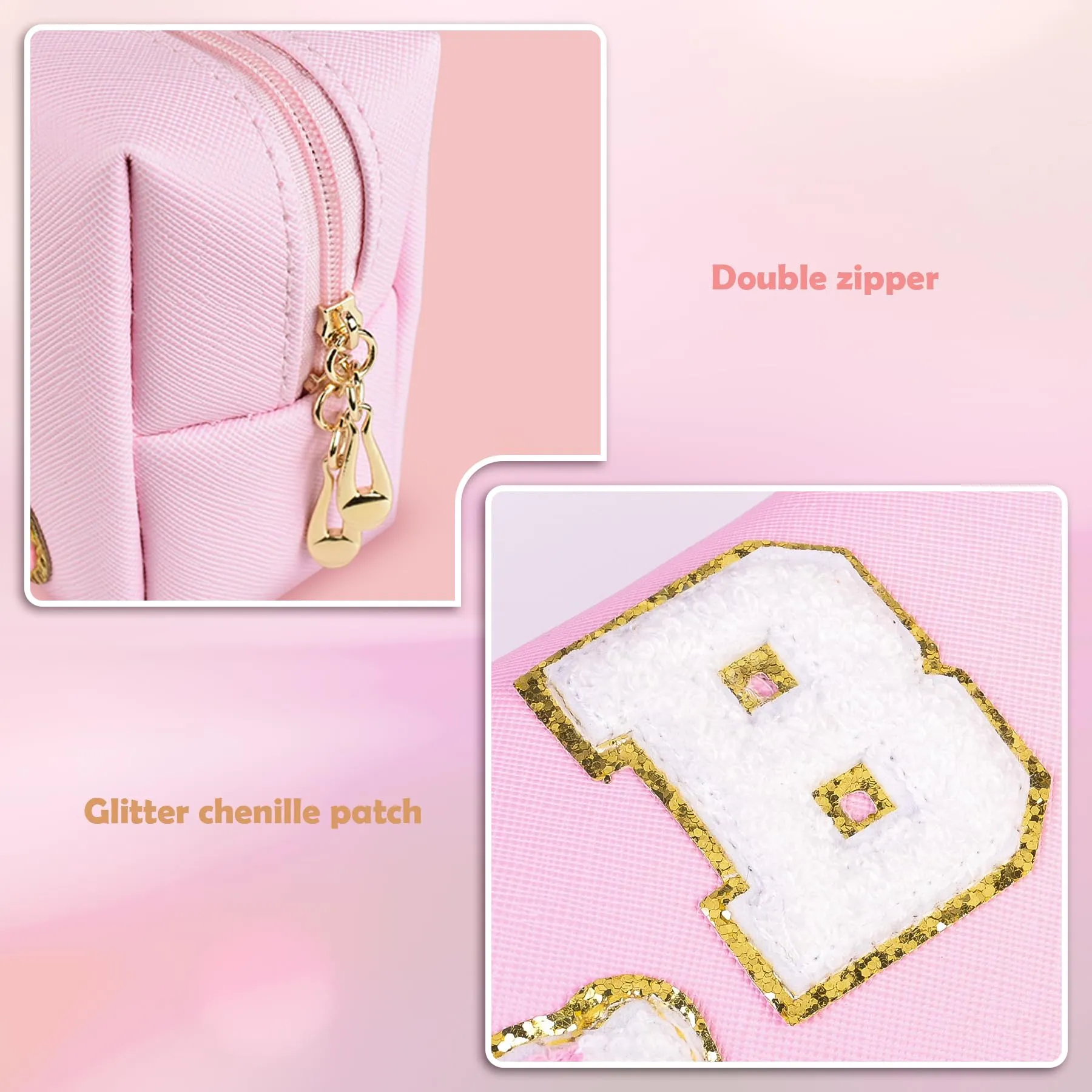 Elilier Easter Gifts, Chenille Letter Pouch Cosmetic Bag, PU Leather Waterproof Girls Bag, Personalized Gifts For Bride Bridemaids, Easter Gifts for Women (Medium)