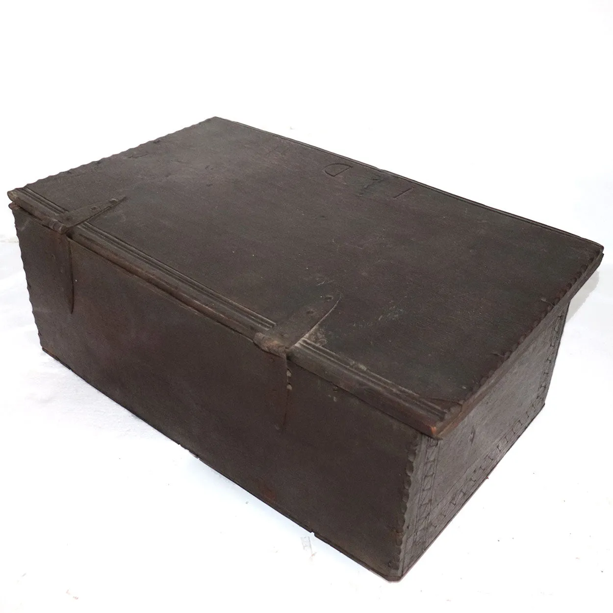 English Jacobean Carved Oak Iron Mounted Document Box