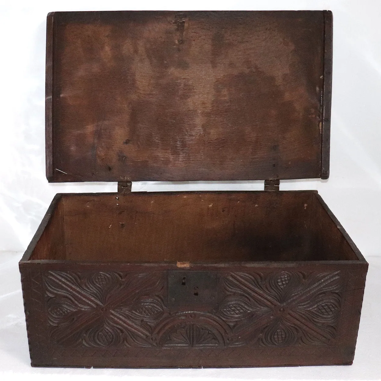 English Jacobean Carved Oak Iron Mounted Document Box