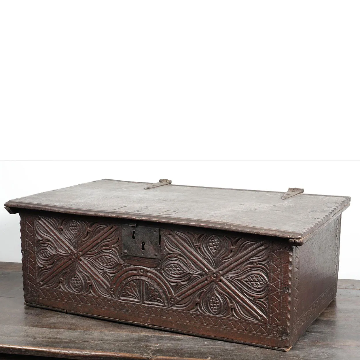 English Jacobean Carved Oak Iron Mounted Document Box